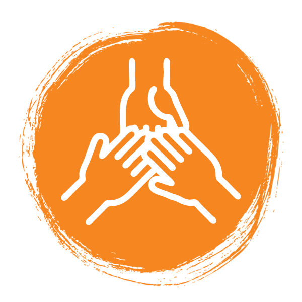 A circular icon with a line drawing of three outstretched hands joining together.