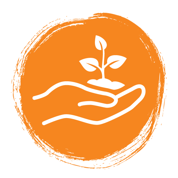A circular icon with a line drawing of a single open hand with a small plant staring to sprout from the palm.