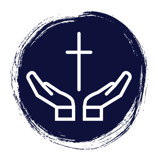 A circular icon with a line drawing of two open hands facing upwards with a cross between them.
