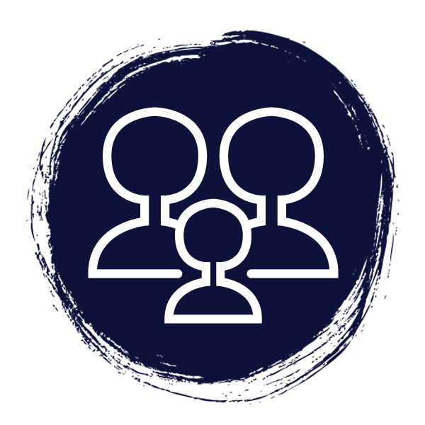 A circular icon with a line drawing of three peoples heads and shoulders.
