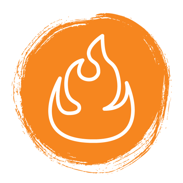 A circular icon with a line drawing of a flame rising high.